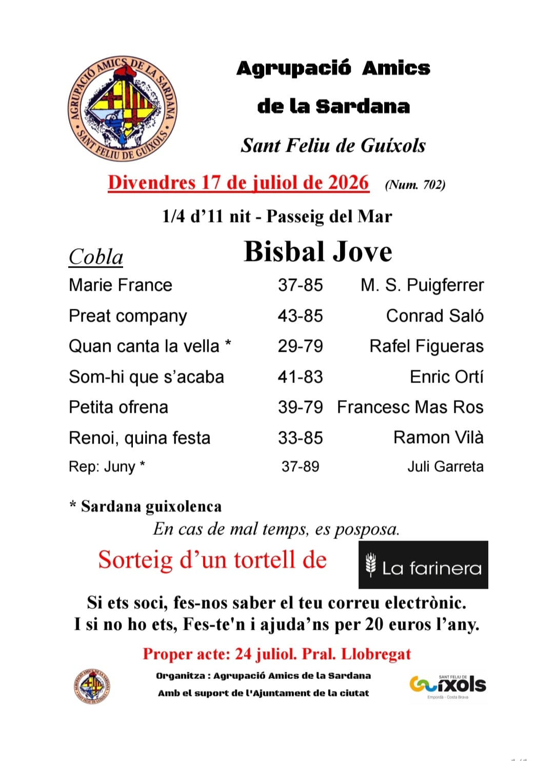Programació de l'Agrupació Amics de la Sardana de Sant Feliu de Guíxols